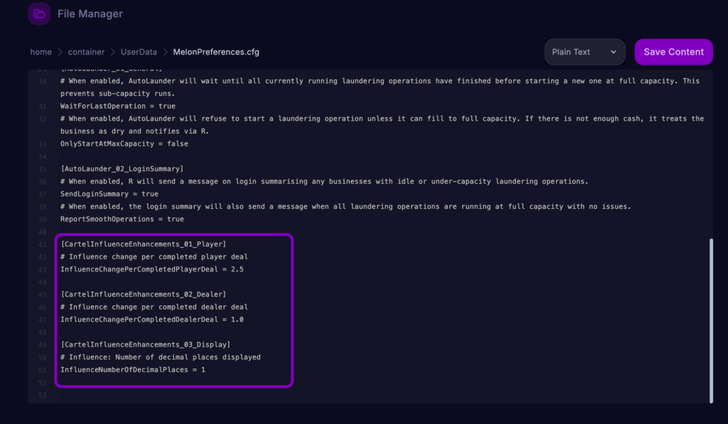 Cartel Influence configuration settings in MelonPreferences.cfg