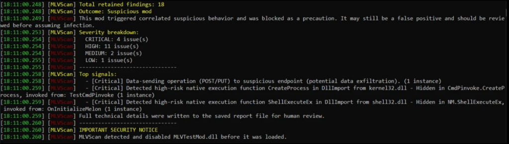 Server console output showing MLVScan detecting suspicious behavior, displaying severity breakdown, and blocking MLVTestMod.dll before loading