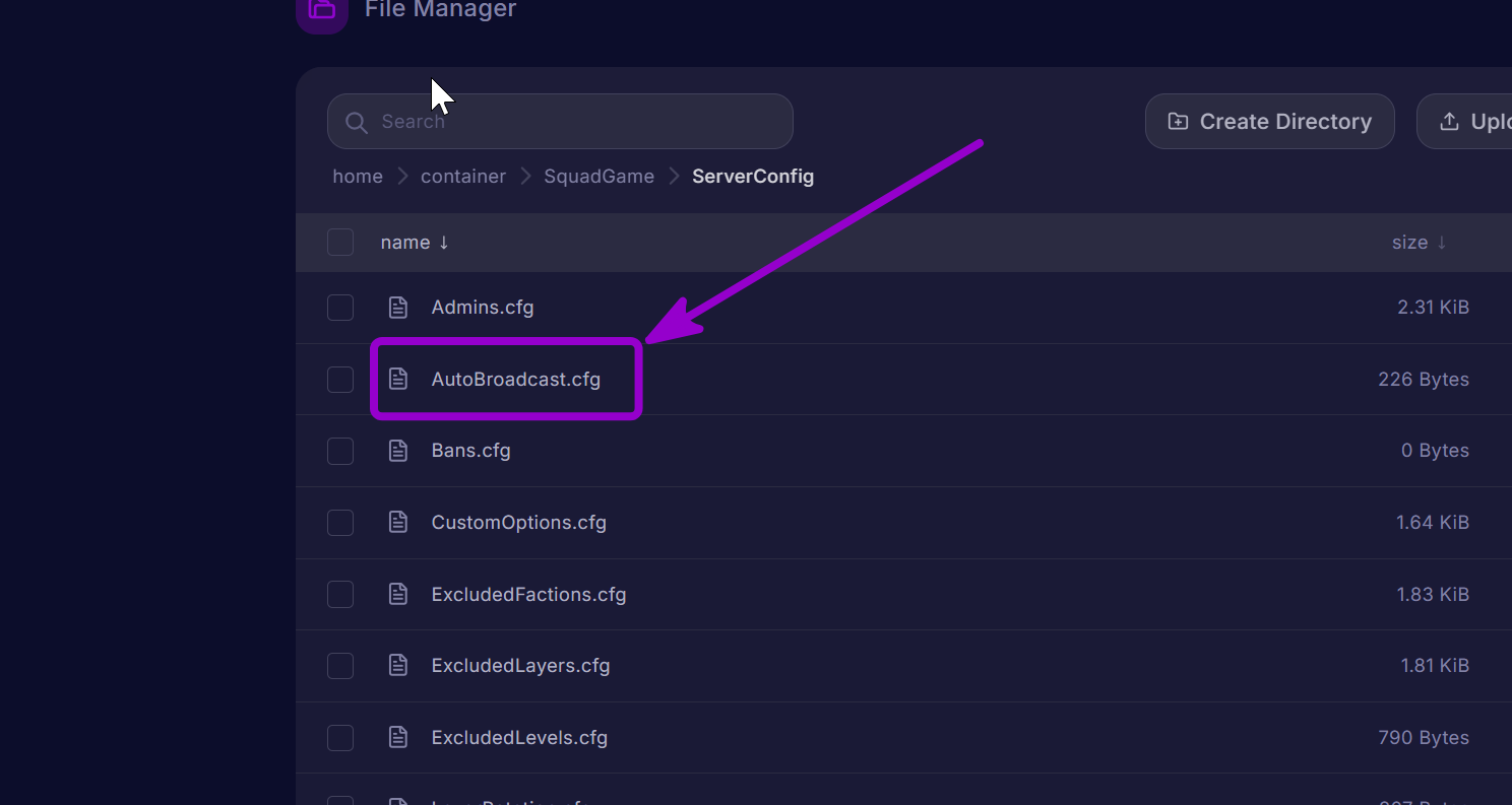 'AutoBroadcast.cfg' outlined with arrow