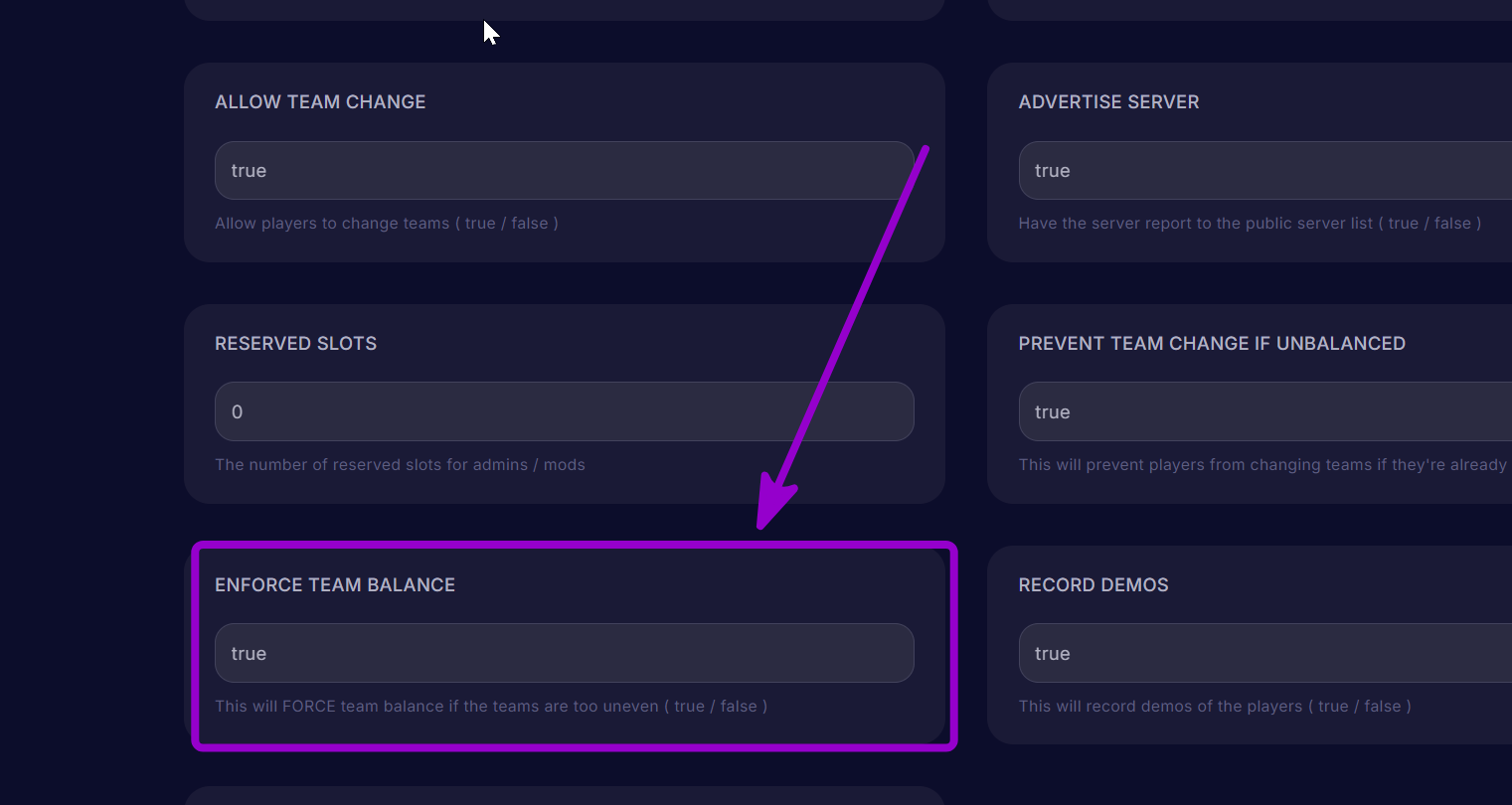 'Enforce Team Balance' outlined with arrow
