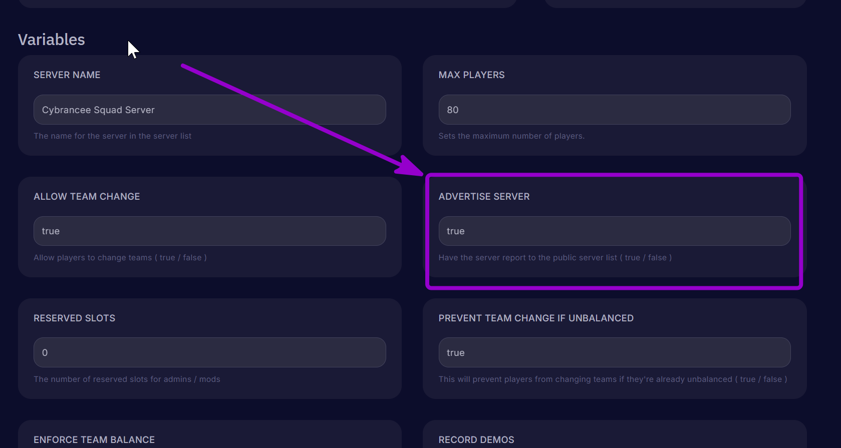 'Advertise Server' outlined with arrow