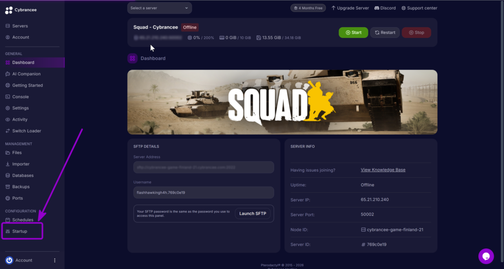 "Startup" Tab outlined with arrow