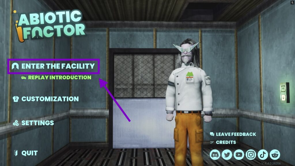 Abiotic Factor Main Menu with ‘Enter the Facility‘ option highlighted