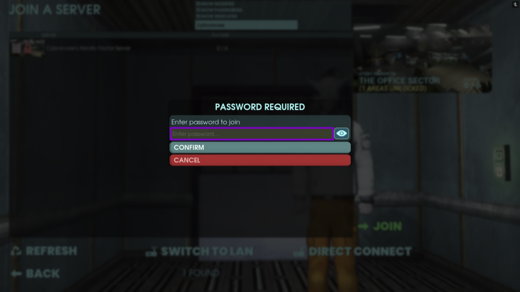 Abiotic Factor password prompt displayed when joining a password-protected server.