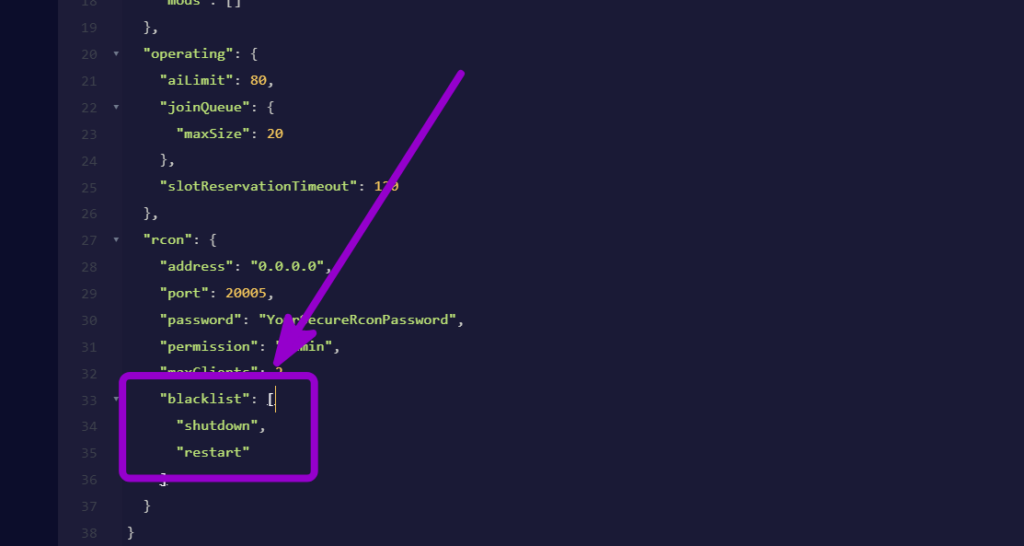 'BlackList' array inside the "rcon" outlined with arrow