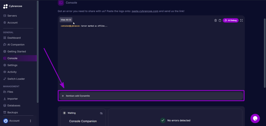 Executing the itemban add command in the server console to ban dynamite.