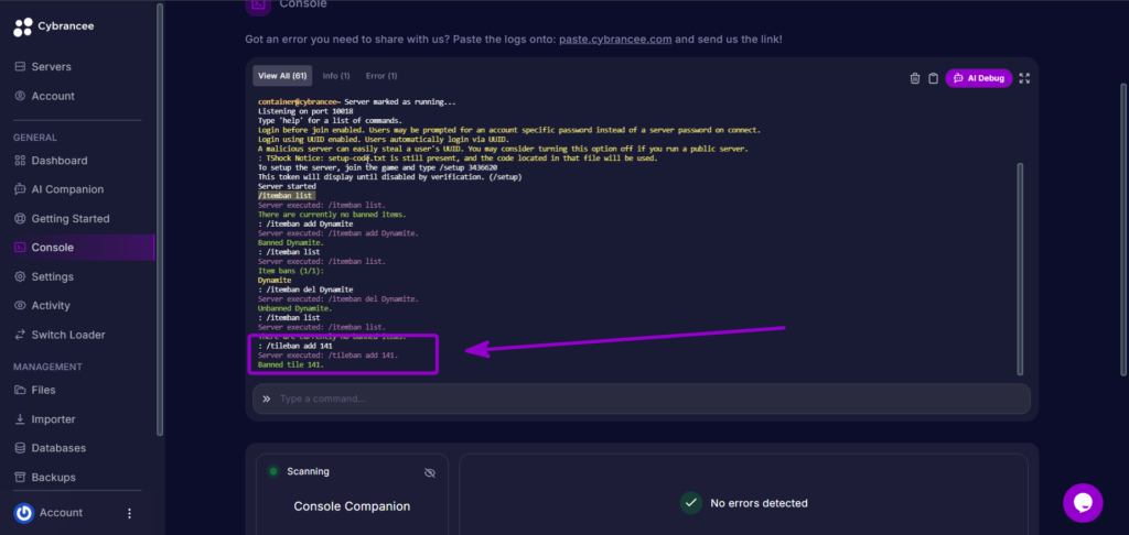 Restricting hazardous tile placement using the tileban add command in the console.