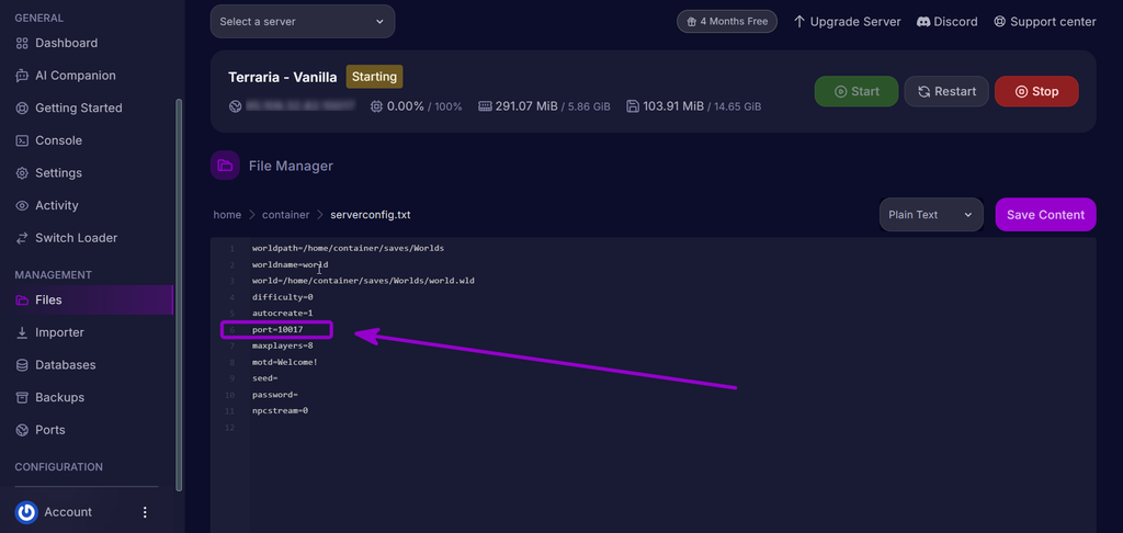 Updating the port parameter in the serverconfig.txt editor.