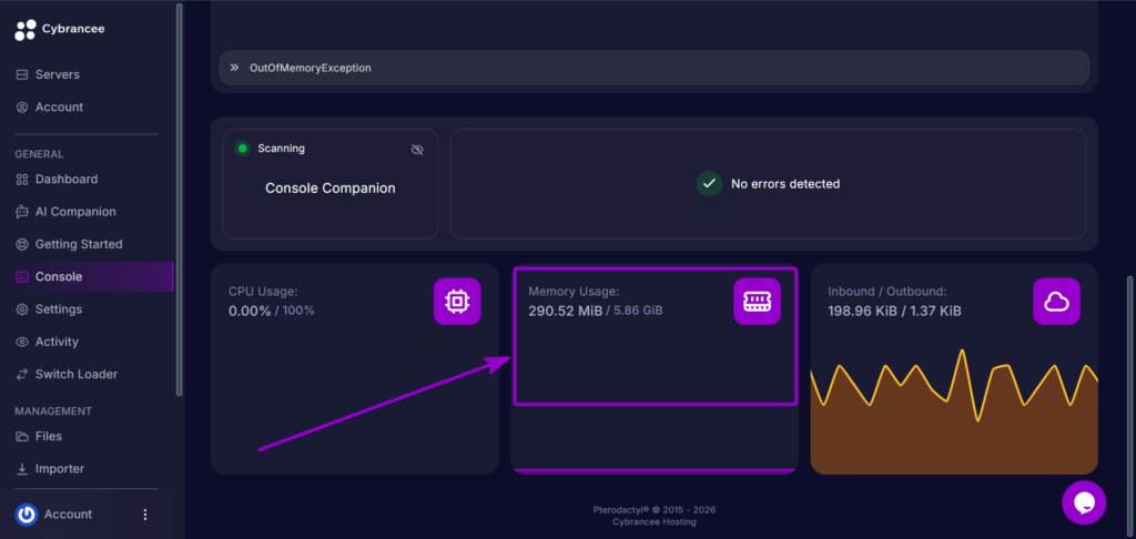 Cybrancee Panel Terraria Server Header Memory Usage Outlined With Arrow