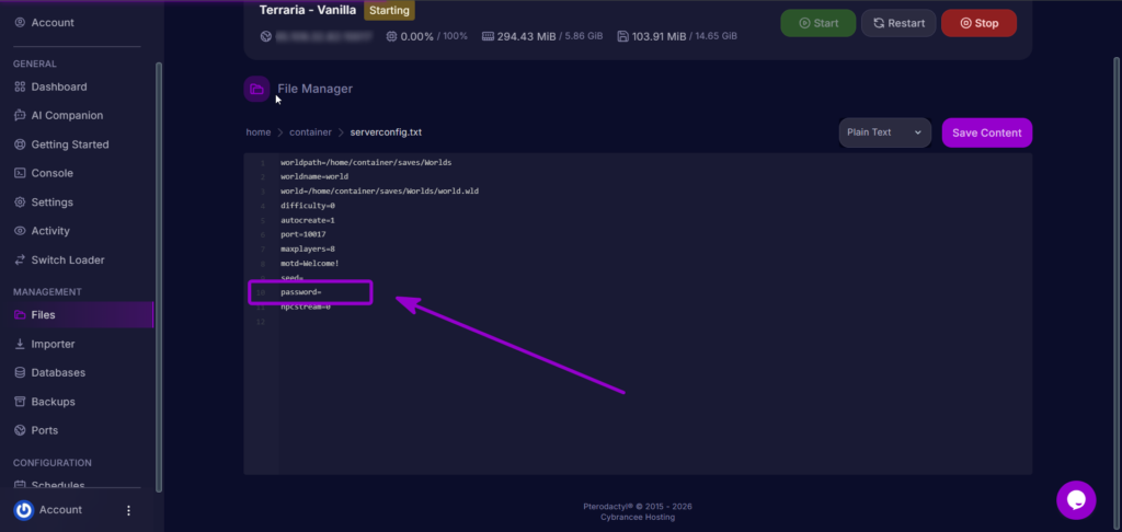 Checking the server password setting in serverconfig.txt.