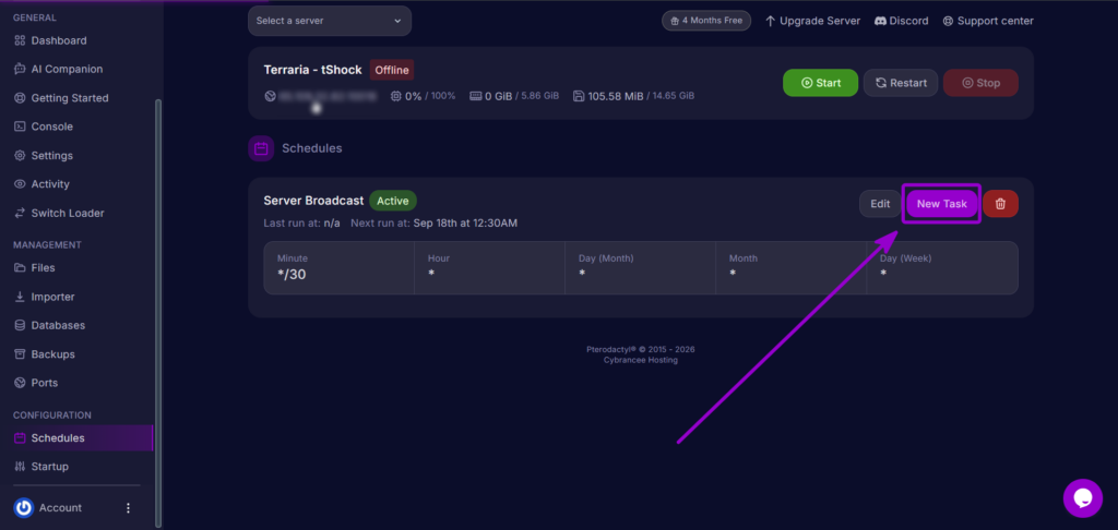 Clicking the New Task button to add an automated action to the schedule.