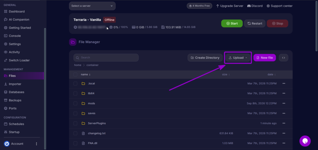 Clicking the Upload button in the Cybrancee file manager.