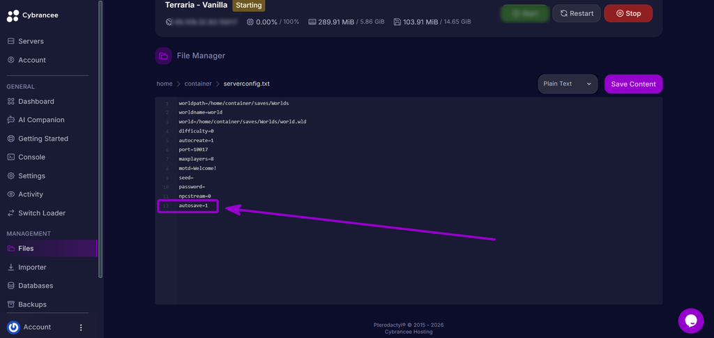 Configuring the autosave parameter in the serverconfig.txt editor.