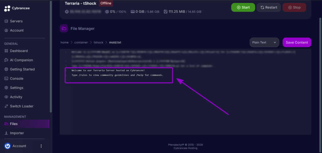 Cybrancee Panel Terraria Configure Custom Motd Message Outlined With Arrow
