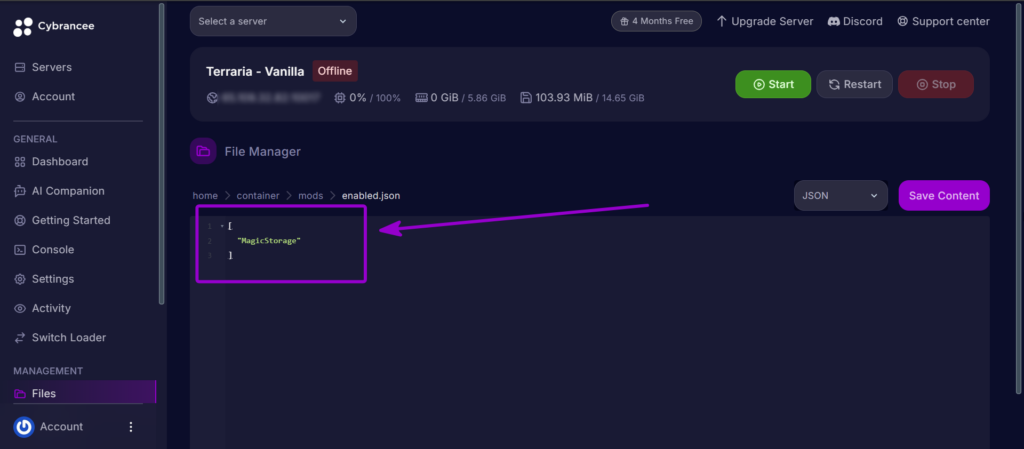 Adding MagicStorage to the JSON array inside enabled.json.