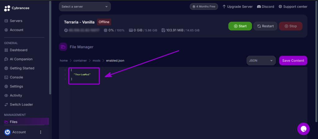 Adding ThoriumMod to the JSON array inside enabled.json.