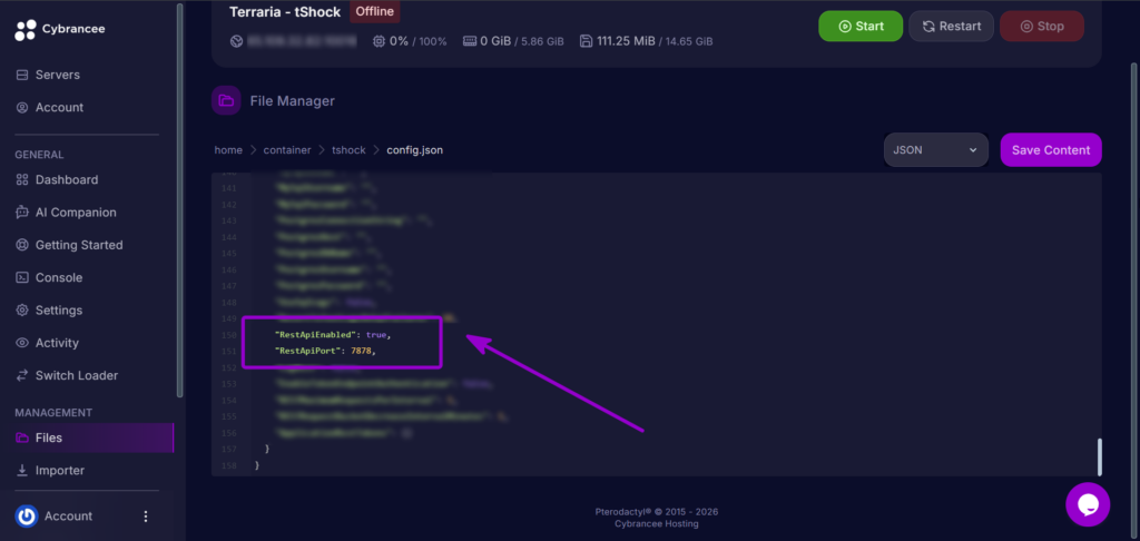 Cybrancee Panel Terraria Configure Rest Webapi True Port Outlined With Arrow