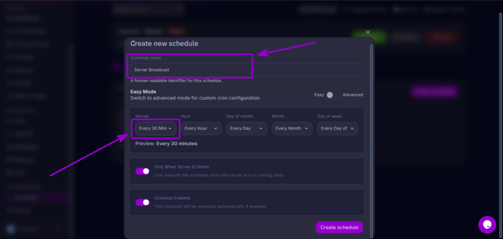 Entering schedule name and cron timing intervals for automated broadcasts.