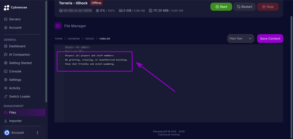 Cybrancee Panel Terraria Configure Server Rules Txt File Outlined With Arrow
