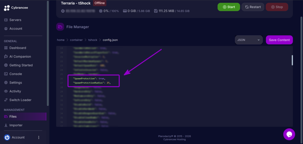 Cybrancee Panel Terraria Configure Spawn Protection True And Radius Outlined With Arrow