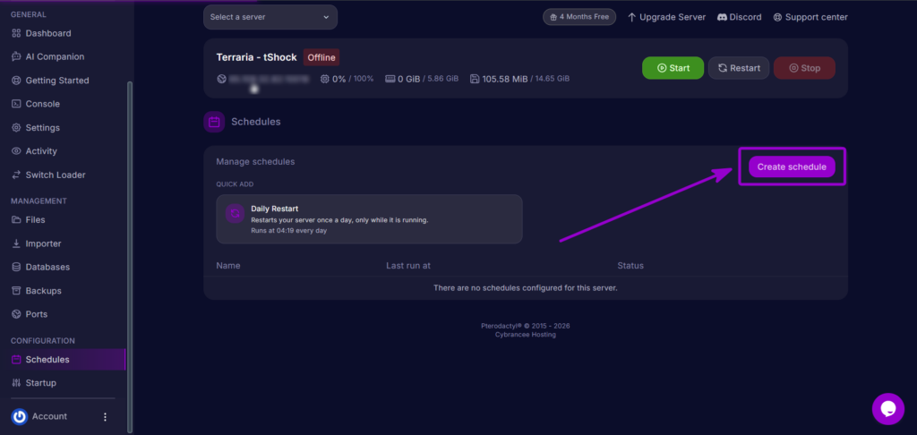 Clicking the Create Schedule button on the Cybrancee panel schedules page.