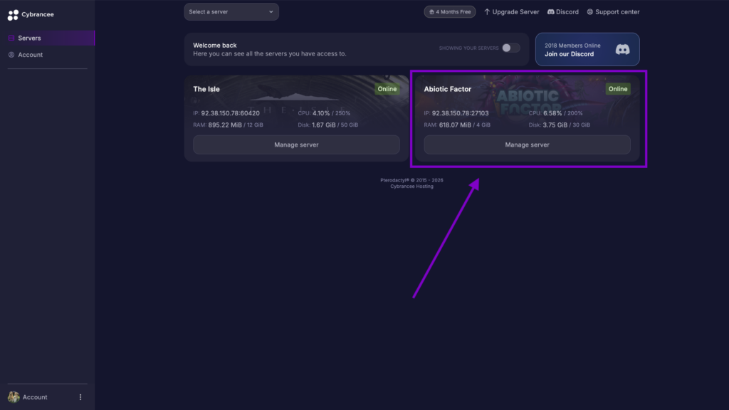 Cybrancee servers page with an Abiotic Factor server highlighted.