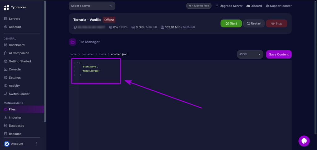 Cybrancee Panel Terraria Enabled Json Stars Above Array Outlined With Arrow