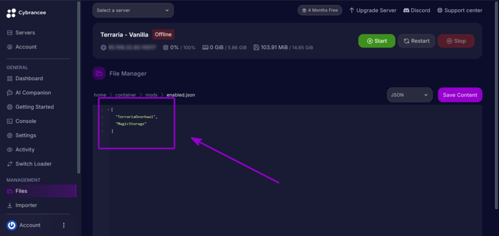 Cybrancee Panel Terraria Enabled Json Terraria Overhaul Array Outlined With Arrow
