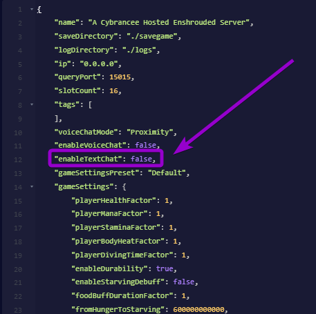 Configuring the enableTextChat setting in enshrouded_server.json in the file editor
