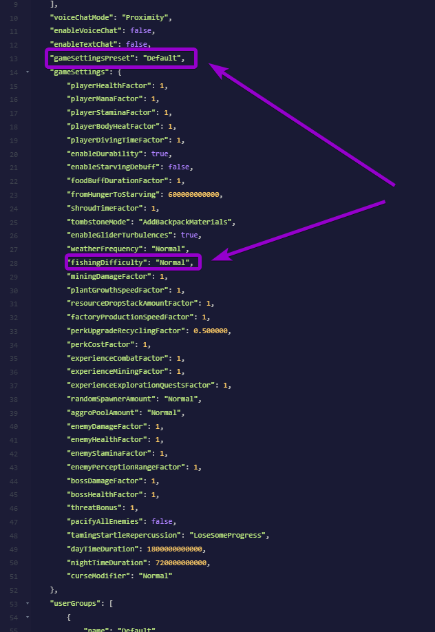 Configuring the gameSettingsPreset and fishingDifficulty settings inside enshrouded_server.json in the file editor