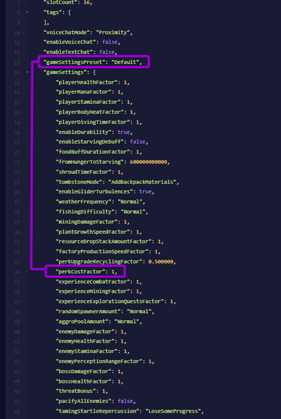 Configuring the gameSettingsPreset and perkCostFactor settings inside enshrouded_server.json in the file editor