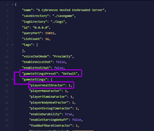 Configuring the gameSettingsPreset and playerHealthFactor settings inside enshrouded_server.json in the file editor