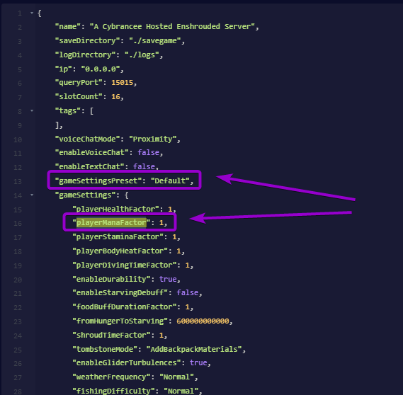 Configuring the gameSettingsPreset and playerManaFactor settings inside enshrouded_server.json in the file editor
