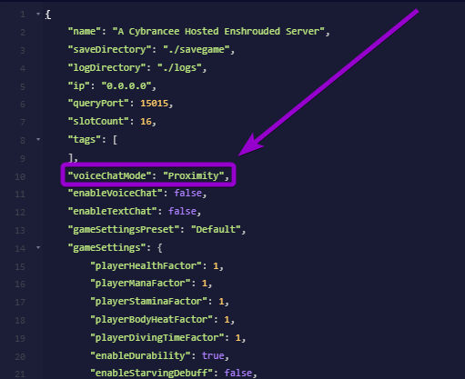 Configuring the voiceChatMode setting to Proximity inside enshrouded_server.json in the file editor
