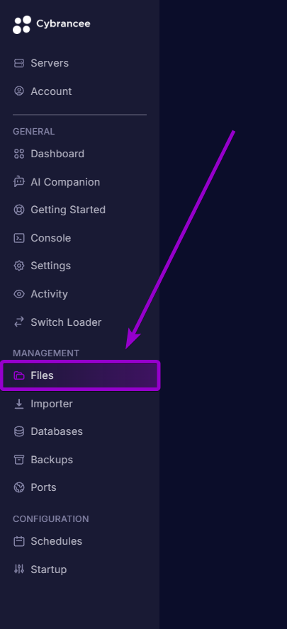 Selecting the Files tab under the Management menu in the Cybrancee panel sidebar