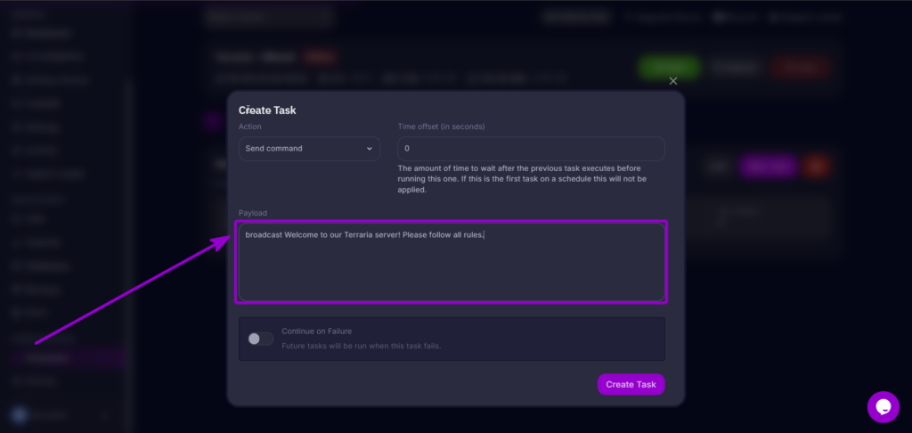 Entering the broadcast command and custom message in the payload field.