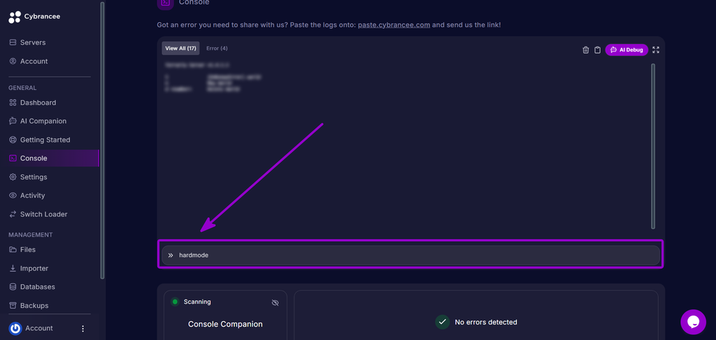 Entering the hardmode command in the Terraria server console.