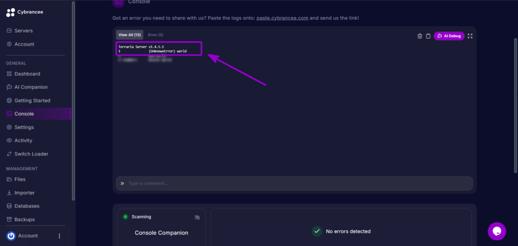Cybrancee Panel Terraria Console Mod Dependency Error Line Outlined With Arrow
