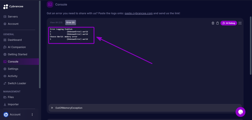 Cybrancee Panel Terraria Console Out Of Memory Error Outlined With Arrow