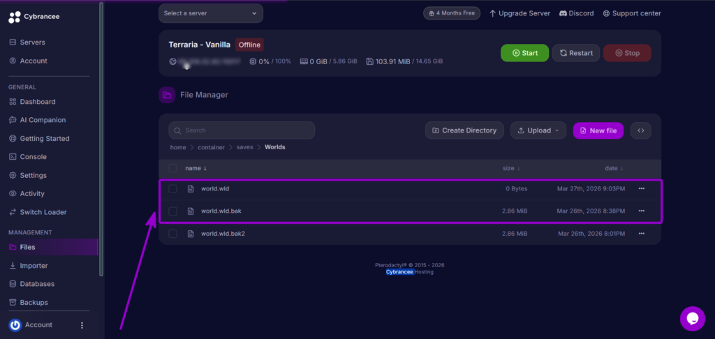 Locating the .wld and .wld.bak world save files in the server file manager.