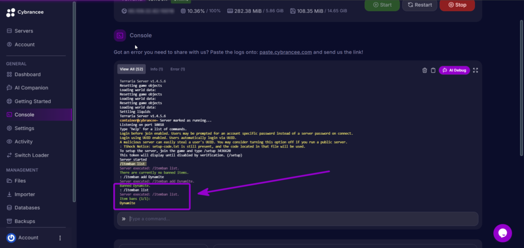 Viewing the active item ban list in the TShock server console.