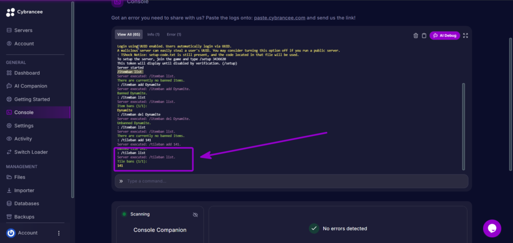 Verifying the restricted tiles list in the server console terminal.