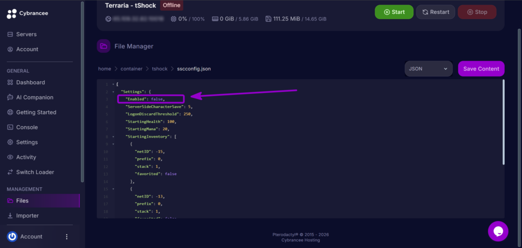Cybrancee Panel Terraria Ssc Enabled Parameter Outlined With Arrow