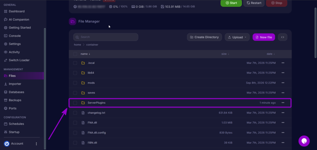 Opening the ServerPlugins folder in the Cybrancee file manager.