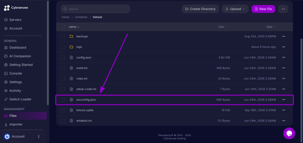 Cybrancee Panel Terraria File Manager Sscconfig Json File Outlined With Arrow