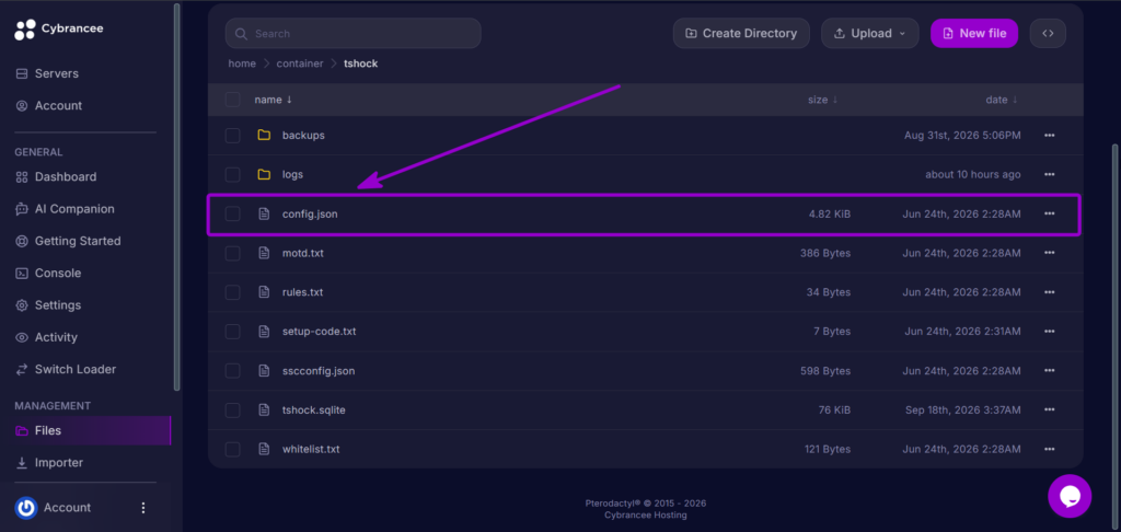 Cybrancee Panel Terraria File Manager Config Json File Outlined With Arrow