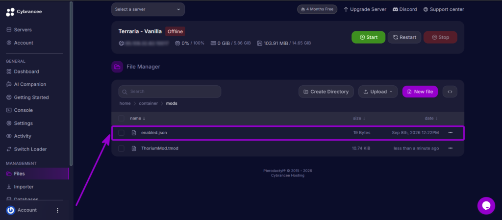 Selecting the enabled.json file to configure active Terraria server mods.