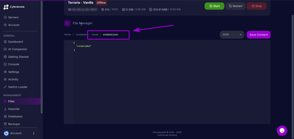 Opening the enabled.json file in the panel editor to view active mods.
