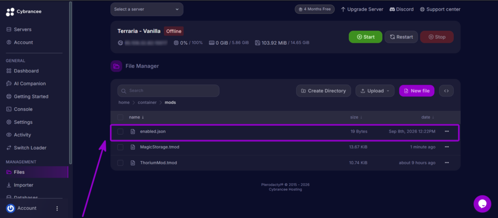 Selecting the enabled.json file to configure active Terraria server mods.