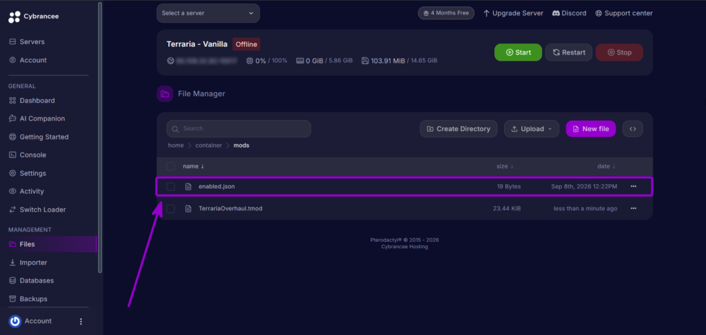 Cybrancee Panel Terraria Mods Folder Enabled Json File Row Outlined With Arrow